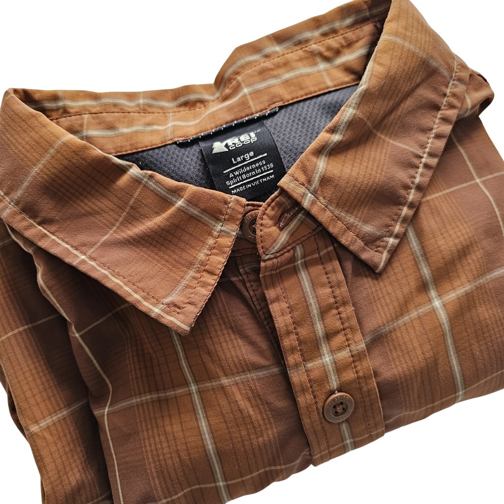 REI Co-Op Men's Shirt Large Button Down Long Sleeve Outdoors Casual, Rust Plaid